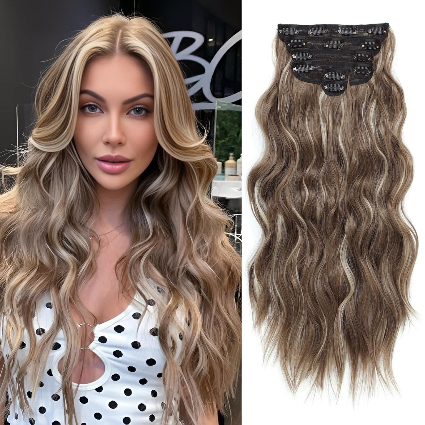 Clip in Hair Extensions for Women, 6PCS Long Wavy Curly Clip on Hair Extensions 20 Inch Honey Blonde Mixed Light Brown Synthetic Thick Hairpieces miracleimy