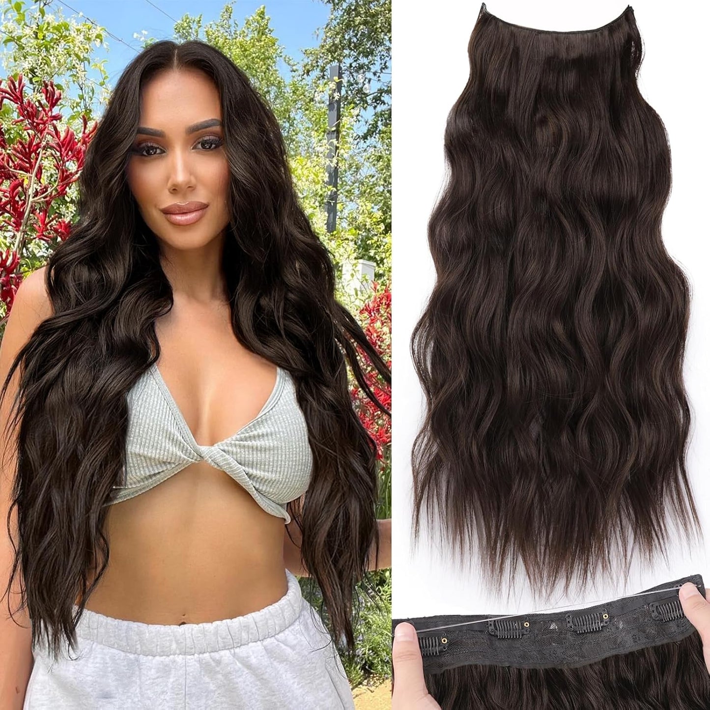 Invisible Wire Hair Extensions with Transparent Wire Adjustable Size 4 Secure Clips Long Wavy Secret Hairpiece 20 Inch Dark Brown for Women miracleimy