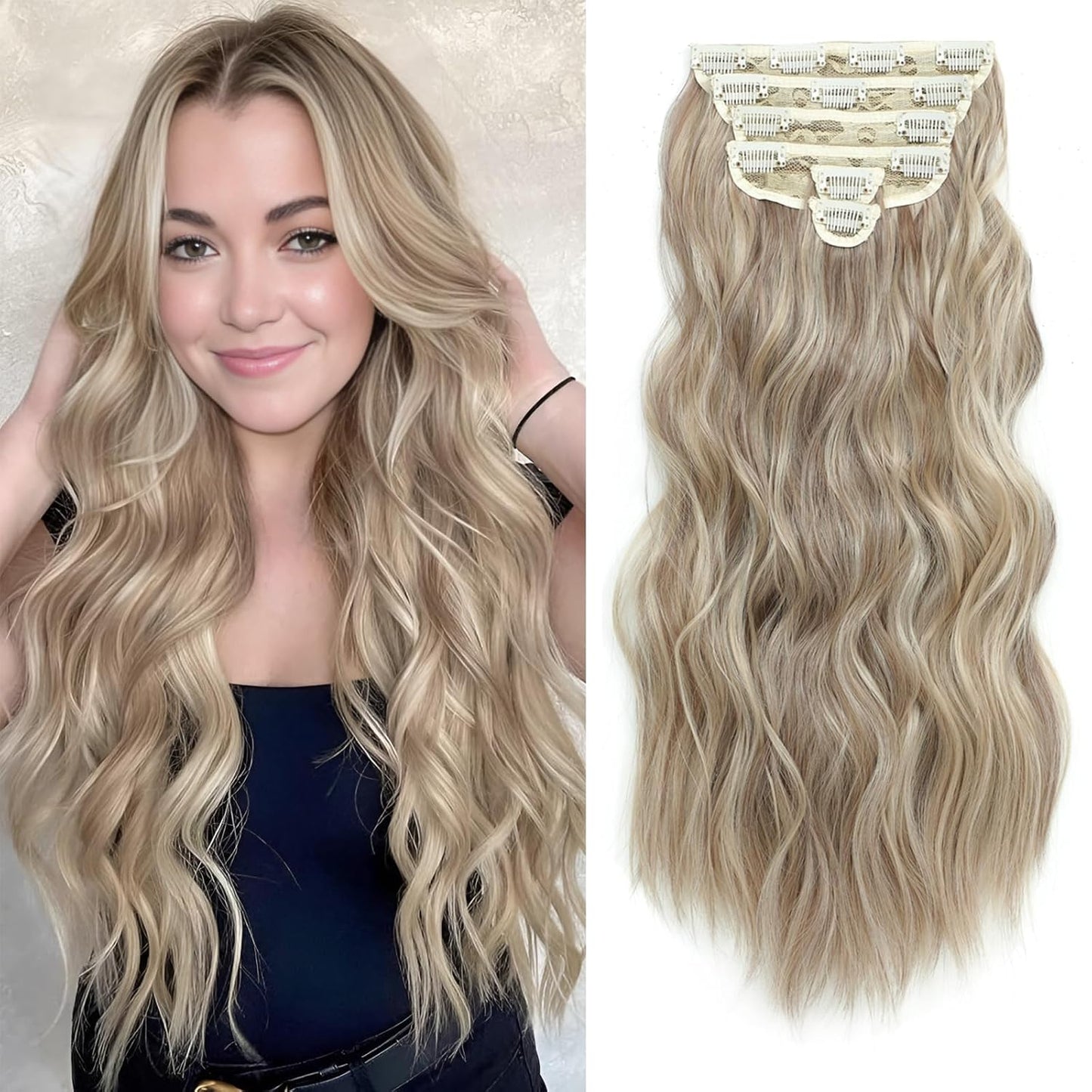 Clip in Hair Extensions for Women, 6PCS Long Wavy Curly Clip on Hair Extensions 20 Inch Honey Blonde Mixed Light Brown Synthetic Thick Hairpieces miracleimy