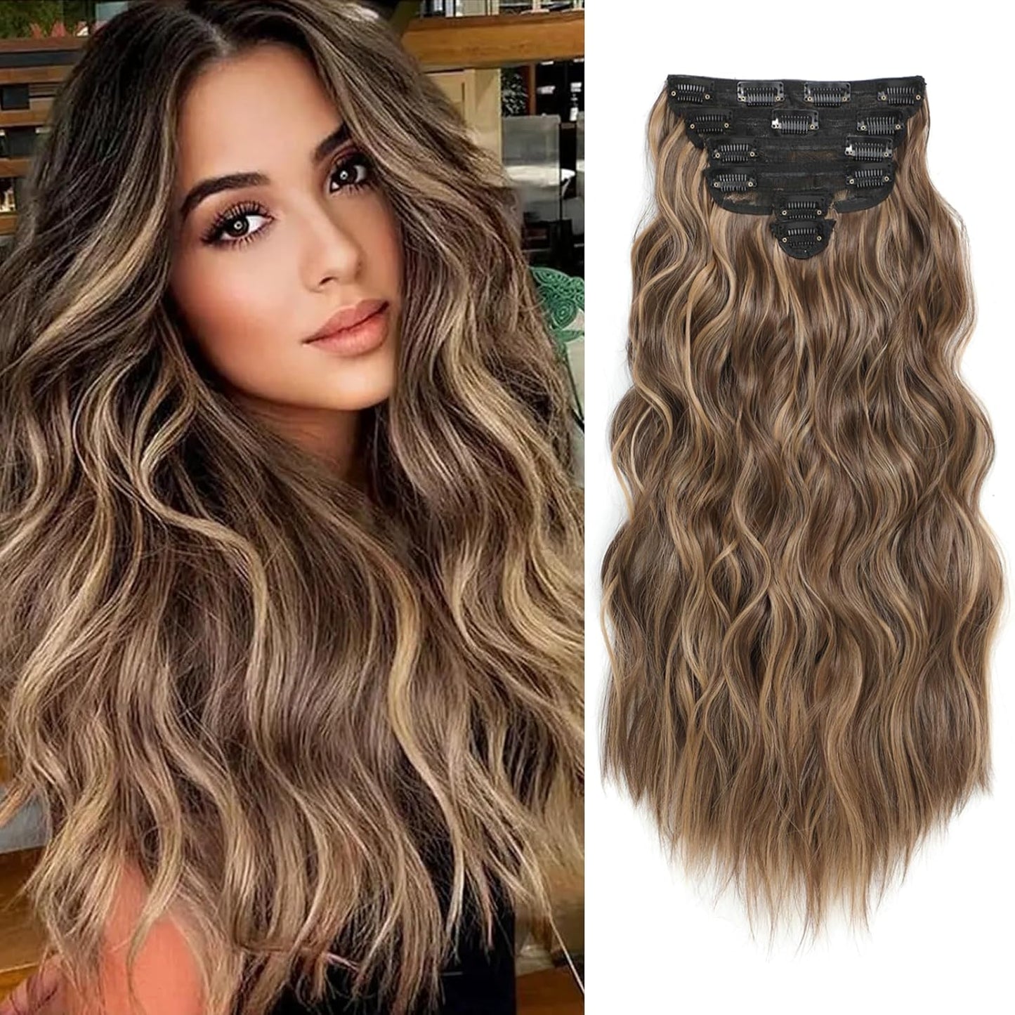 Clip in Hair Extensions for Women, 6PCS Long Wavy Curly Clip on Hair Extensions 20 Inch Honey Blonde Mixed Light Brown Synthetic Thick Hairpieces miracleimy