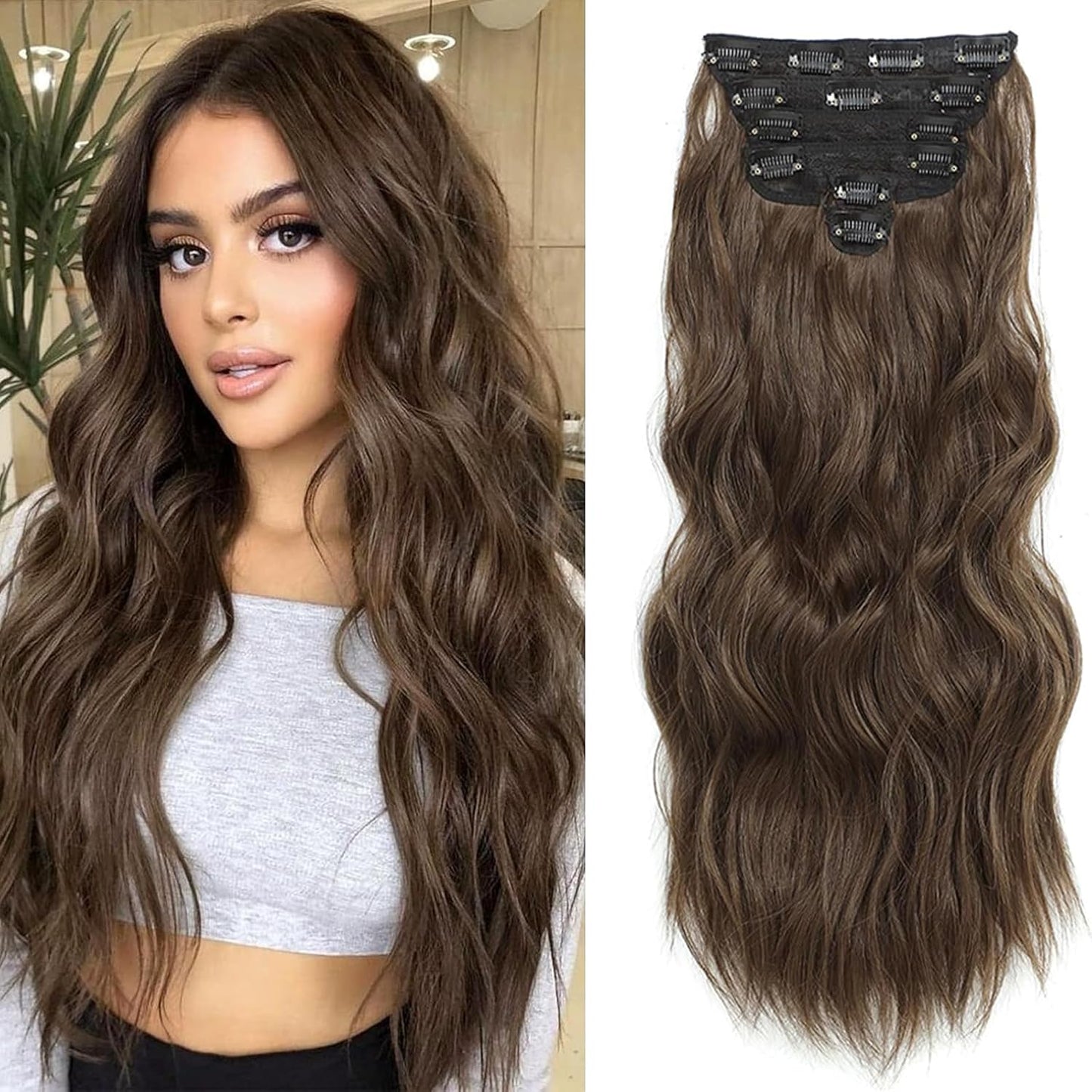 Amchoice Clip in Hair Extensions for Women, 6PCS Clip Ins Long Wavy Curly Dark Brown Hair Extension 20 Inch Synthetic Hair Extension Thick Hairpieces (Dark Brown, 20 Inch) miracleimy