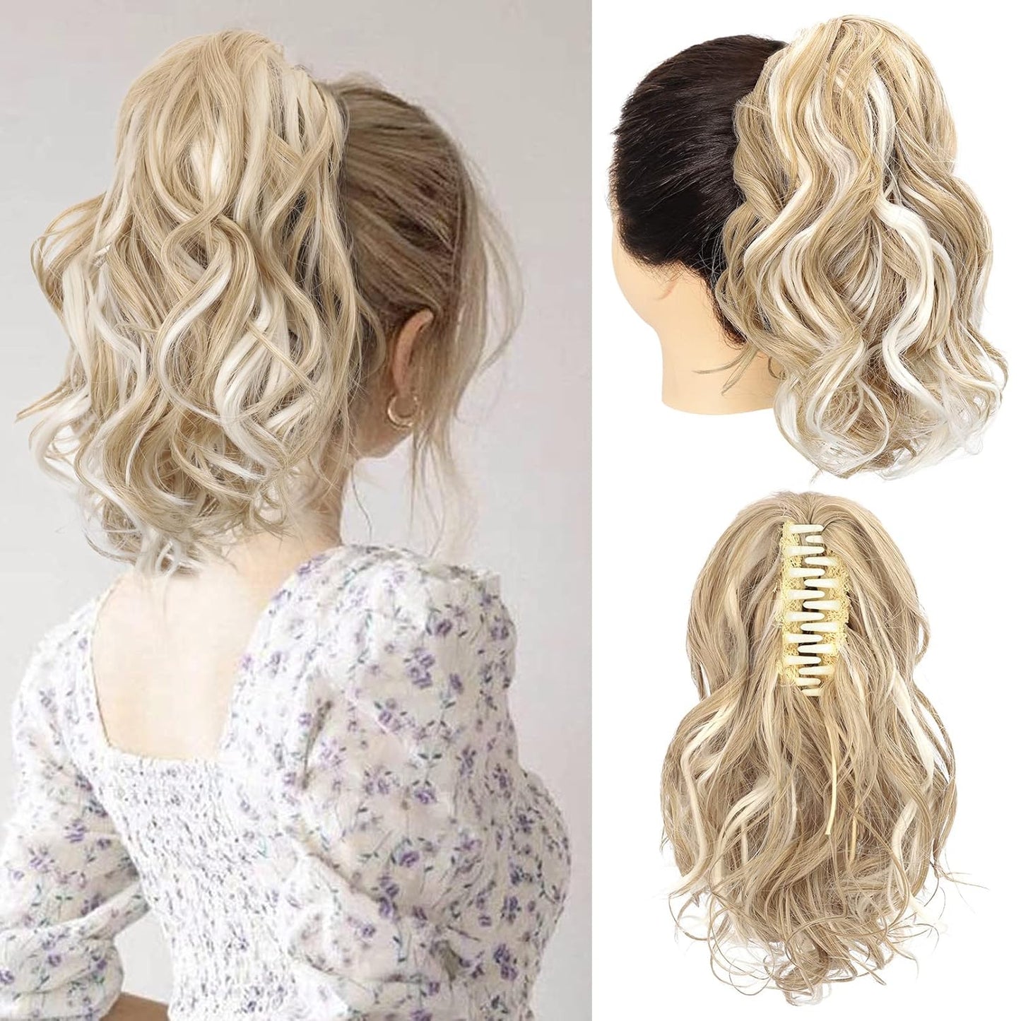 10" Highlight Ponytail Extension Claw Short Thick Wavy Curly Jaw Clip in Fake Pony Tails Fake Hair Soft Natural Looking Synthetic Hairpiece for Women Medium Blonde with White Blonde Highlights miracleimy