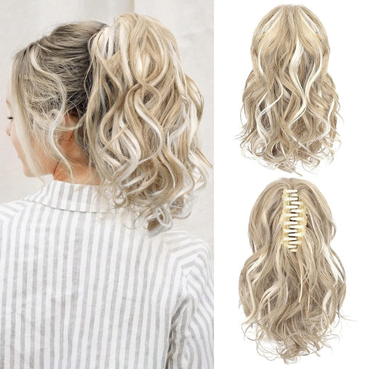 10" Highlight Ponytail Extension Claw Short Thick Wavy Curly Jaw Clip in Fake Pony Tails Fake Hair Soft Natural Looking Synthetic Hairpiece for Women Medium Blonde with White Blonde Highlights miracleimy