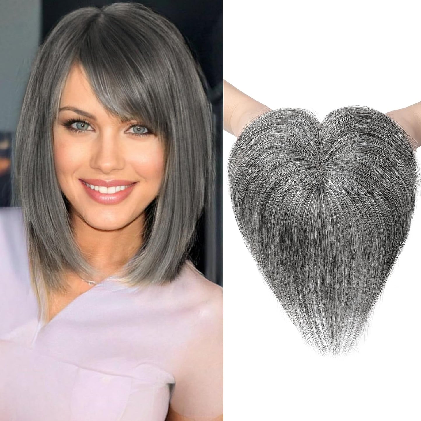 Human Hair Toppers, 6 Inch Hair Toppers for Thin Hair, Topper Hair Pieces with Bangs Real Human Hair, Clip In Wig Hair Topper Top Hair Extensions - Grey miracleimy