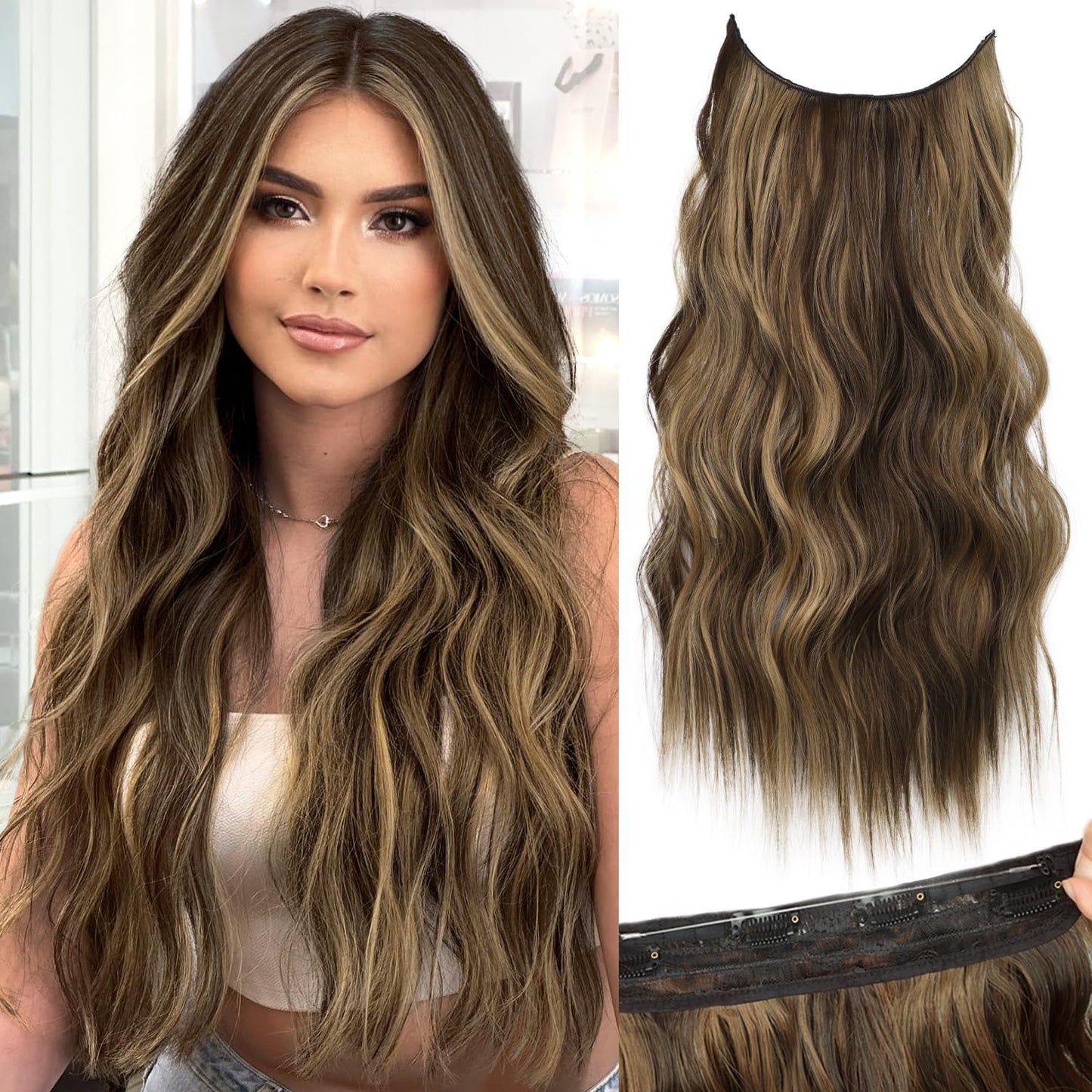 Invisible Wire Hair Extensions with Transparent Wire Adjustable Size 4 Secure Clips Long Wavy Secret Hairpiece 20 Inch Dark Brown for Women miracleimy