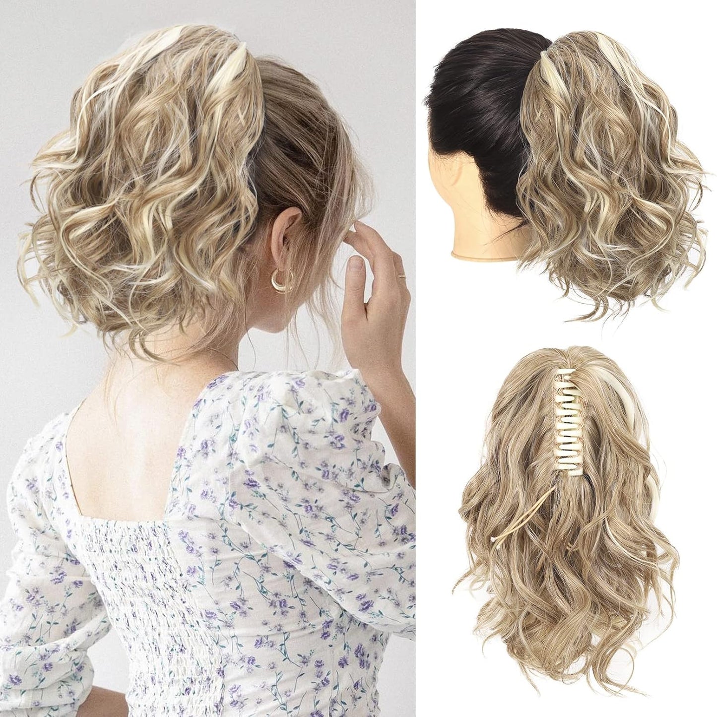 10" Highlight Ponytail Extension Claw Short Thick Wavy Curly Jaw Clip in Fake Pony Tails Fake Hair Soft Natural Looking Synthetic Hairpiece for Women Medium Blonde with White Blonde Highlights miracleimy