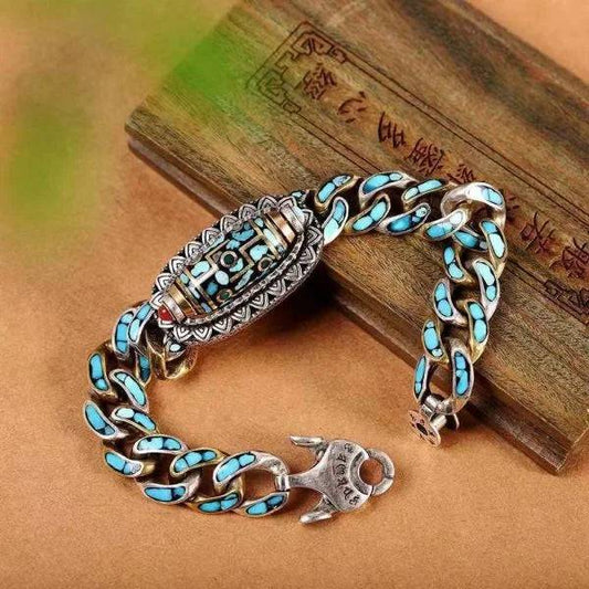 Sterling Silver Turquoise Inlaid Nine-eyed Dzi Curb Chain Bracelet miracleimy