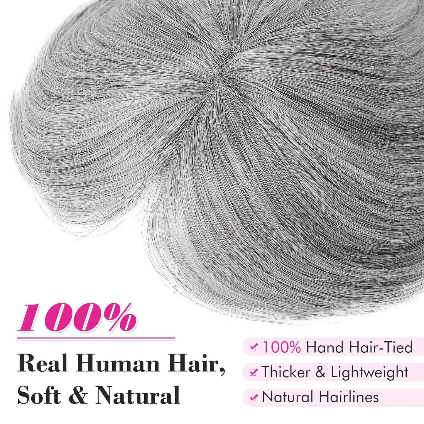 Human Hair Toppers, 6 Inch Hair Toppers for Thin Hair, Topper Hair Pieces with Bangs Real Human Hair, Clip In Wig Hair Topper Top Hair Extensions - Grey miracleimy