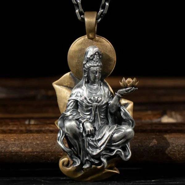 Sterling Silver Guan Yin Bodhisattva Lotus Buddha Pendant Necklace - miracleimy