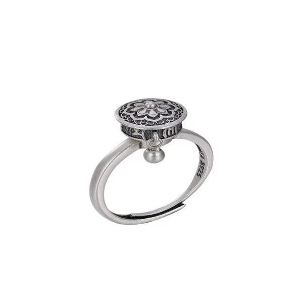 Sterling Silver Buddhist Mantra Lotus Flower Turning Ring - miracleimy