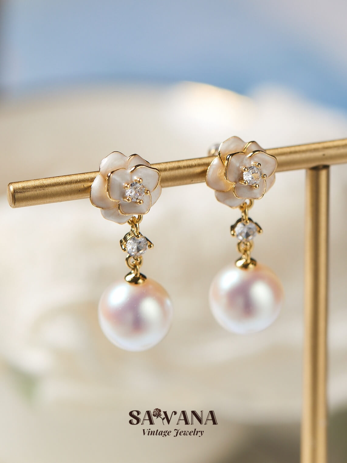 Adonis ’Garden 18k Gold Plated White Camellia Vintage Enamel Flower Pearl Zirconia Earrings SAWANAJewelry