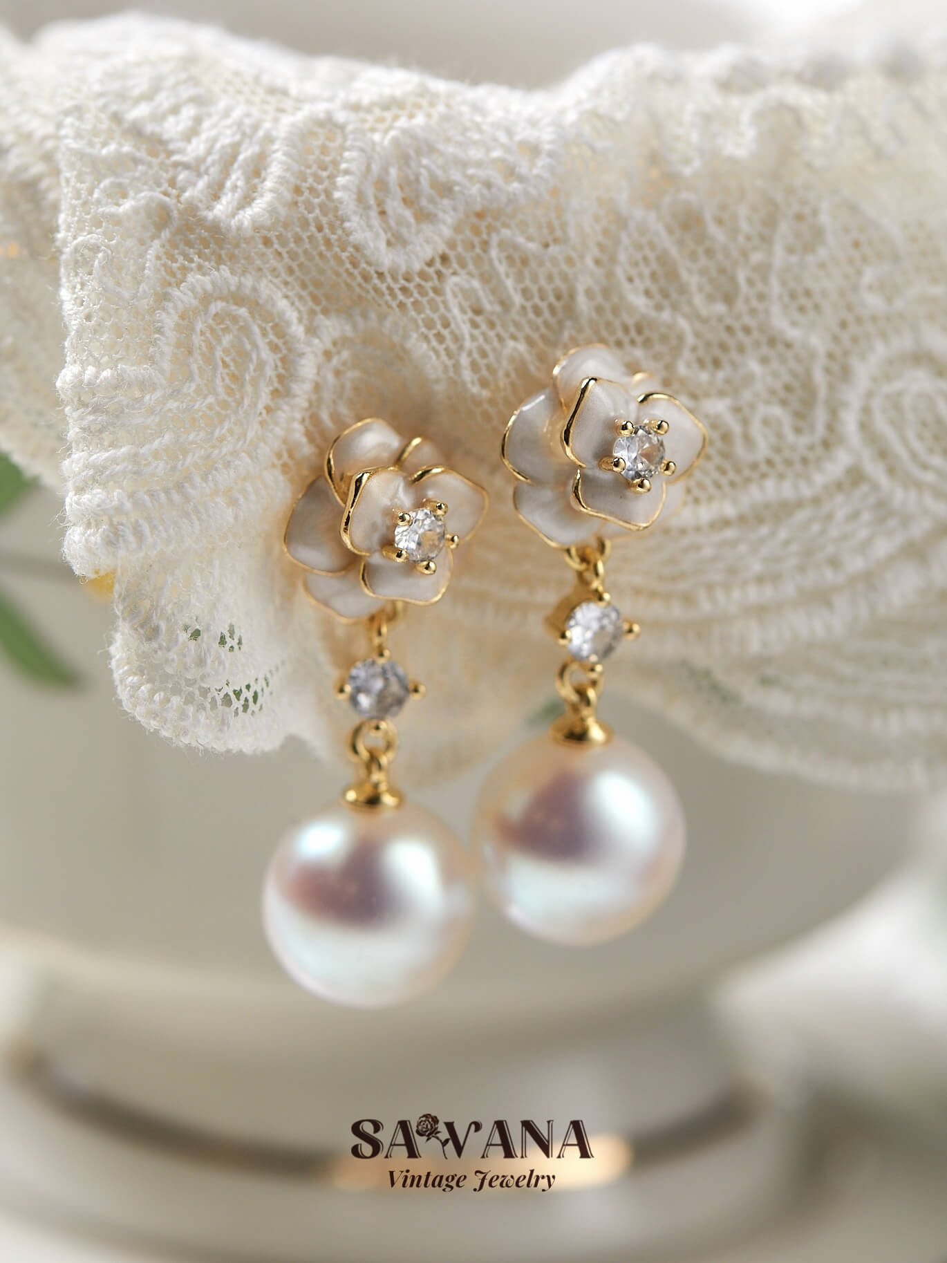 Adonis ’Garden 18k Gold Plated White Camellia Vintage Enamel Flower Pearl Zirconia Earrings SAWANAJewelry