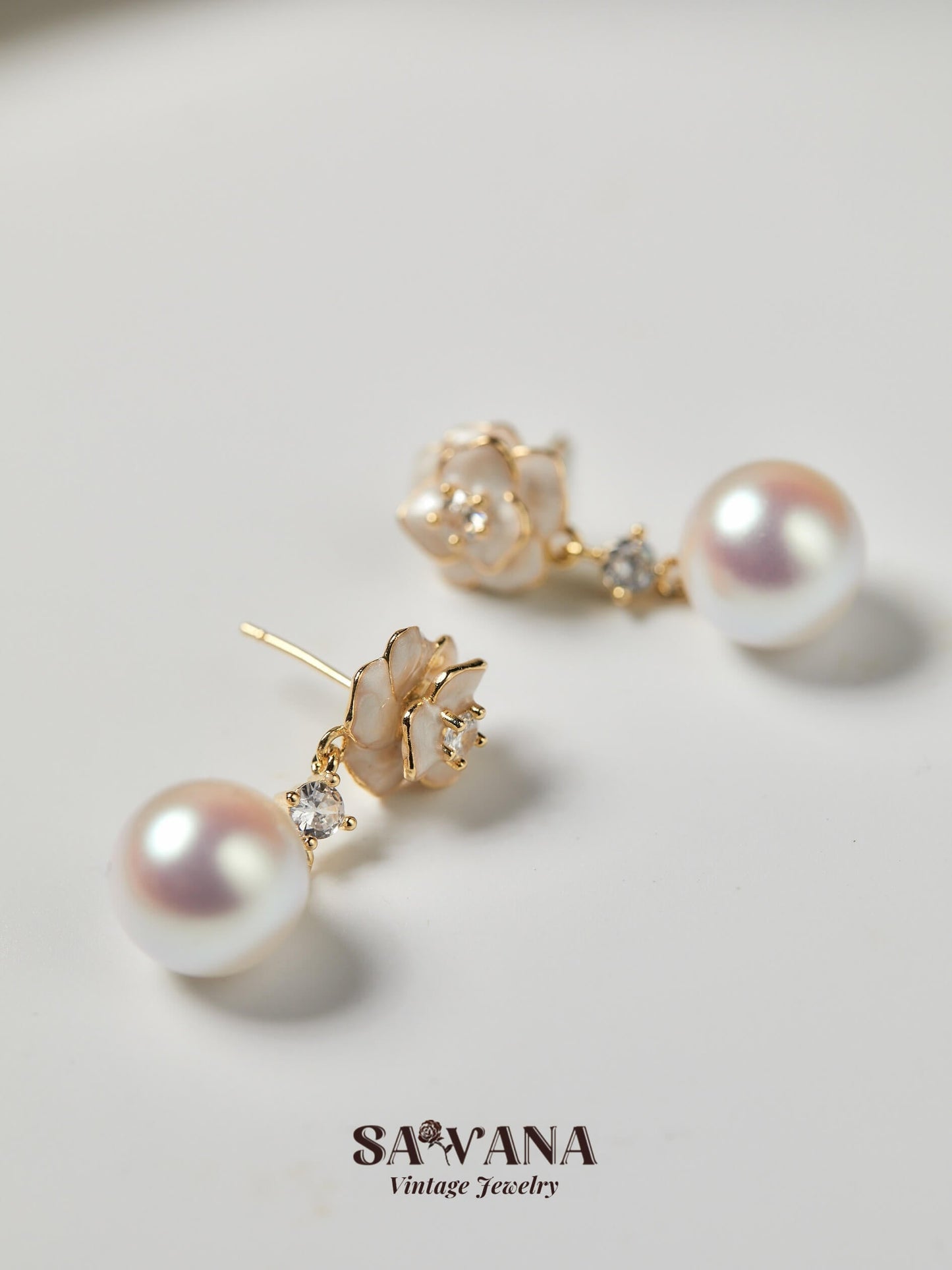 Adonis ’Garden 18k Gold Plated White Camellia Vintage Enamel Flower Pearl Zirconia Earrings SAWANAJewelry