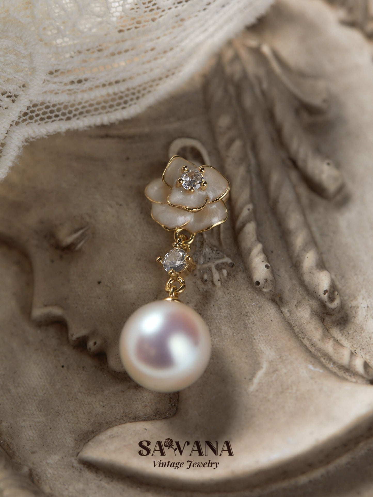 Adonis ’Garden 18k Gold Plated White Camellia Vintage Enamel Flower Pearl Zirconia Earrings SAWANAJewelry