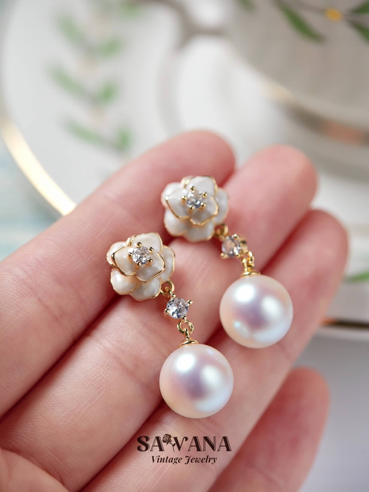 Adonis ’Garden 18k Gold Plated White Camellia Vintage Enamel Flower Pearl Zirconia Earrings SAWANAJewelry