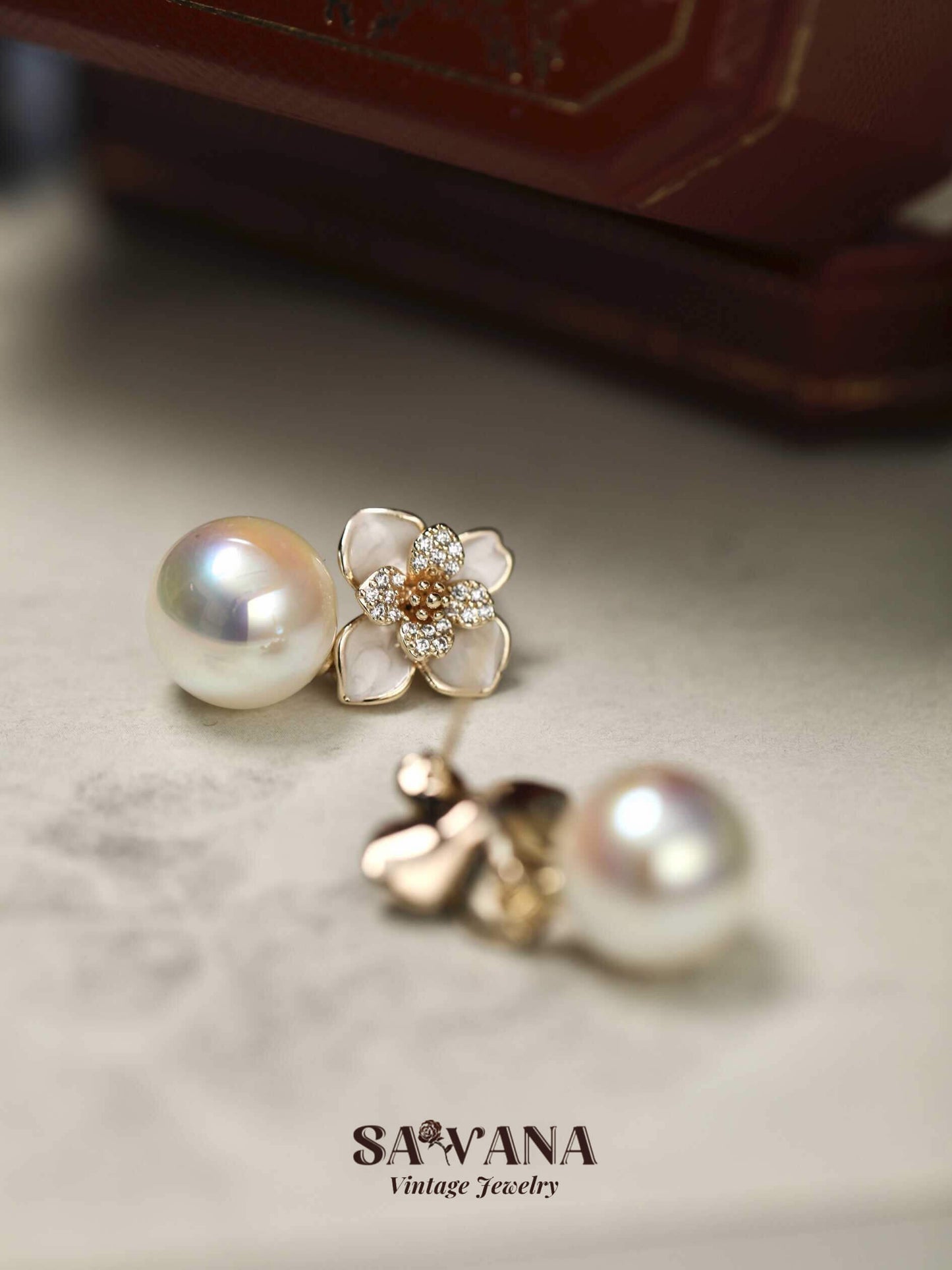 Adonis ’Garden 18k Gold Plated White Enameled Floral Glass Mabe Pearl Earrings SAWANAJewelry