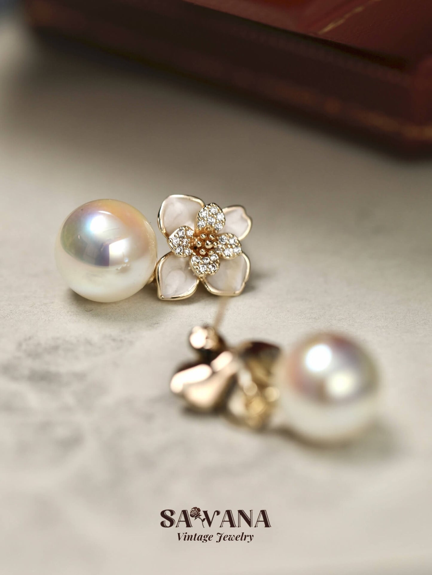 Adonis ’Garden 18k Gold Plated White Enameled Floral Glass Mabe Pearl Earrings SAWANAJewelry