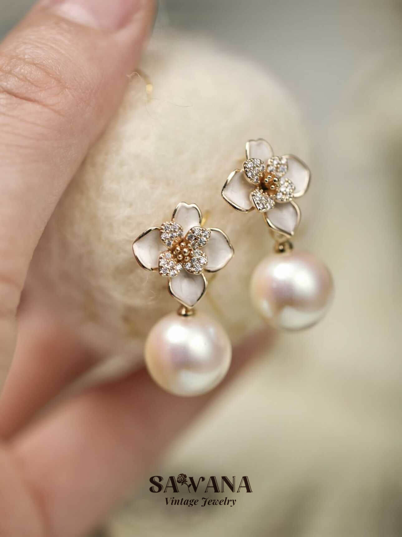 Adonis ’Garden 18k Gold Plated White Enameled Floral Glass Mabe Pearl Earrings SAWANAJewelry