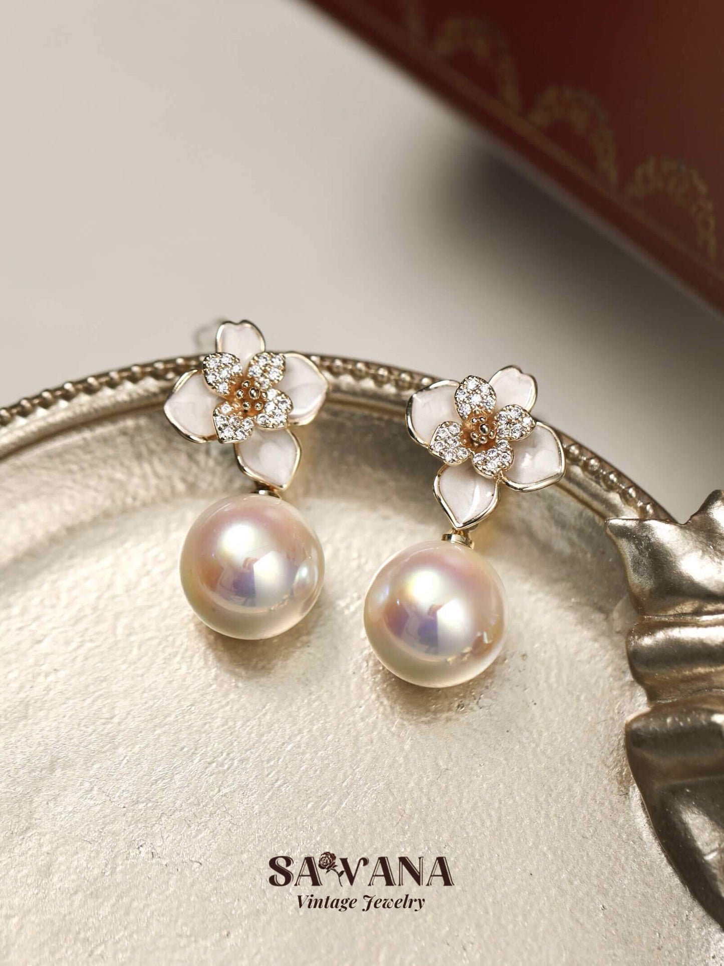 Adonis ’Garden 18k Gold Plated White Enameled Floral Glass Mabe Pearl Earrings SAWANAJewelry