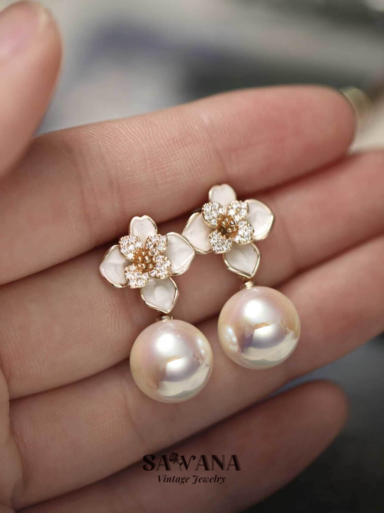 Adonis ’Garden 18k Gold Plated White Enameled Floral Glass Mabe Pearl Earrings SAWANAJewelry