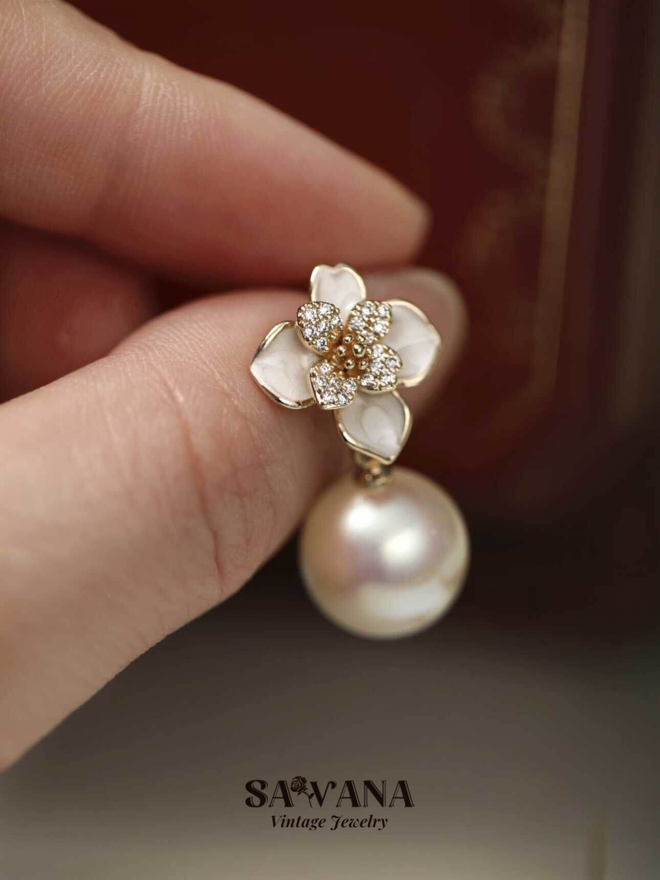 Adonis ’Garden 18k Gold Plated White Enameled Floral Glass Mabe Pearl Earrings SAWANAJewelry