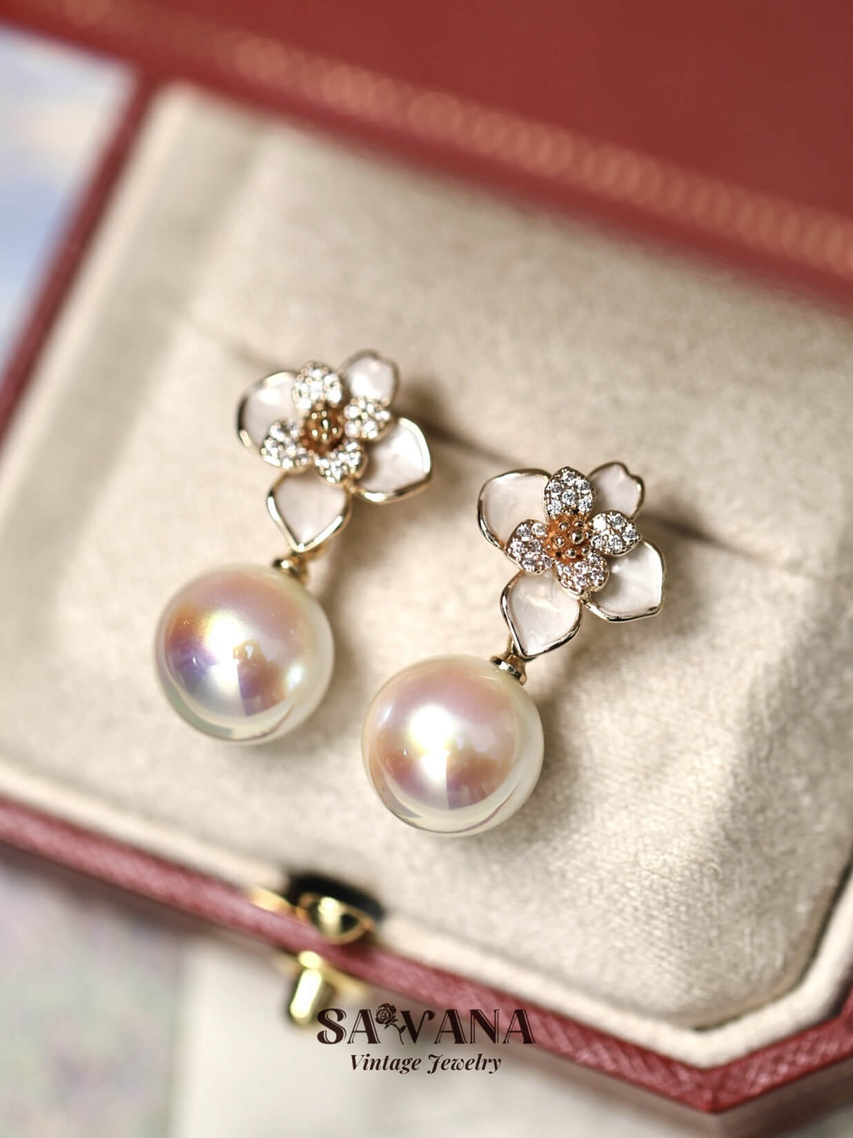 Adonis ’Garden 18k Gold Plated White Enameled Floral Glass Mabe Pearl Earrings SAWANAJewelry