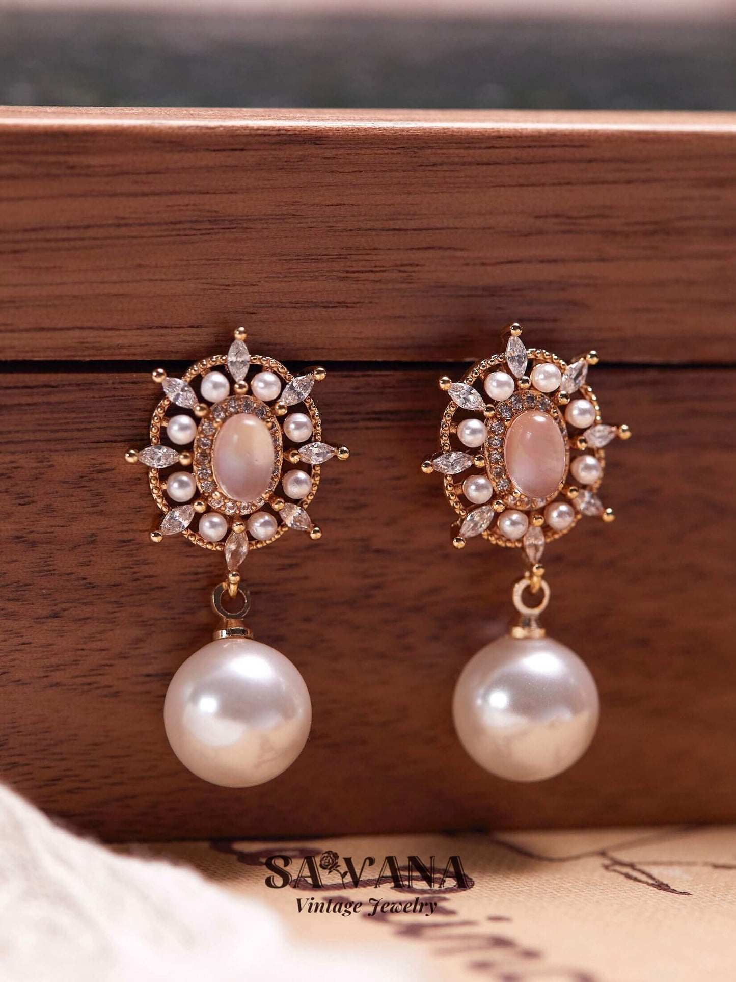 Adonis ’Garden 18k Gold Plated handmade Vintage Shell Pearl Earrings SAWANA Jewelry