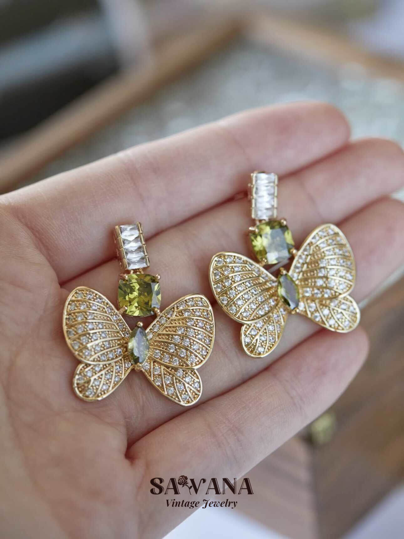 Butterfly Garden Vintage Olive Green Zirconia Butterfly Design Earrings Necklace Set miracleimy