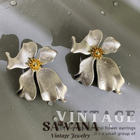 GOOYNN 24K Gold Plated Large Flower Vintage Earrings SAWANAJewelry