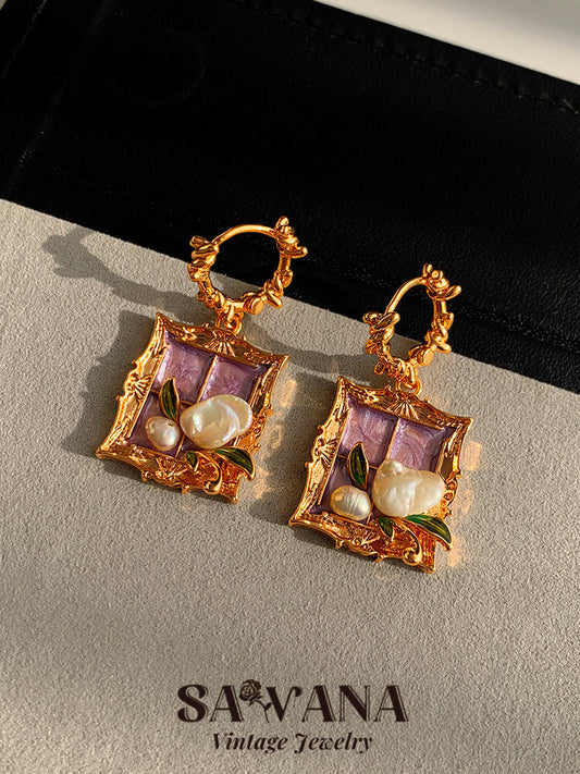 GOOYNN 24K Gold Plated Purple Oil Painting Style Natural Freshwater Pearl Earrings SAWANAJewelry