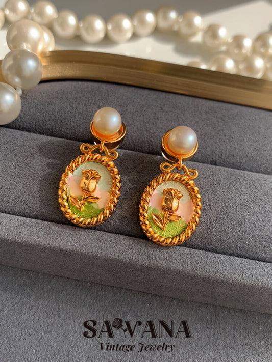 GOOYNN 24K Gold Plated Tulip Flower Pearl Vintage Earrings SAWANAJewelry