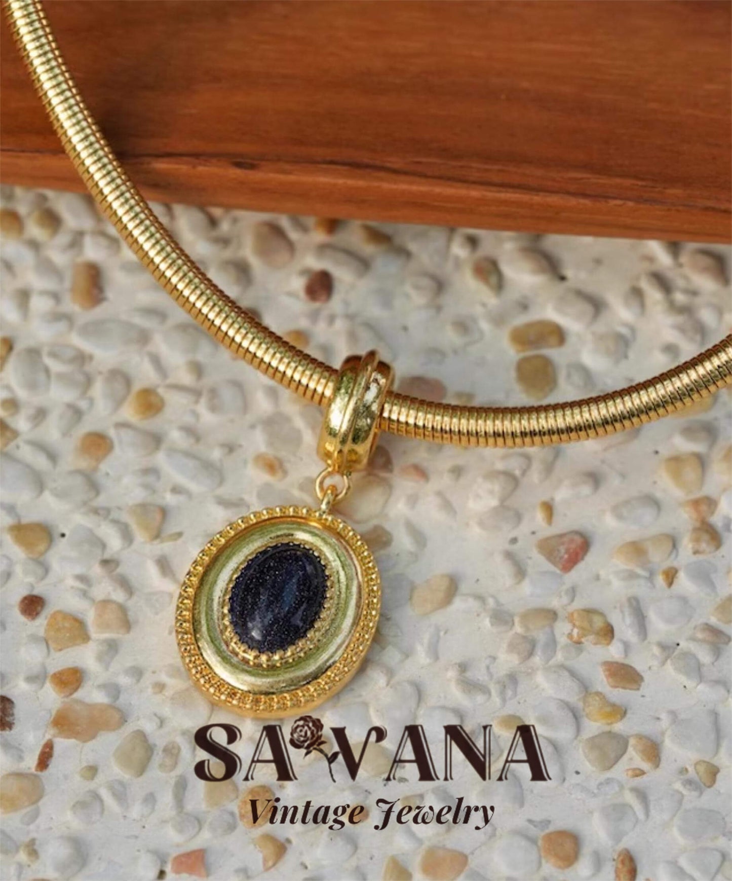 Heidi Horton 24K Gold-Plated Original Blue Aventurine Vintage Natural Crystal Pendant Necklace SAWANAJewelry