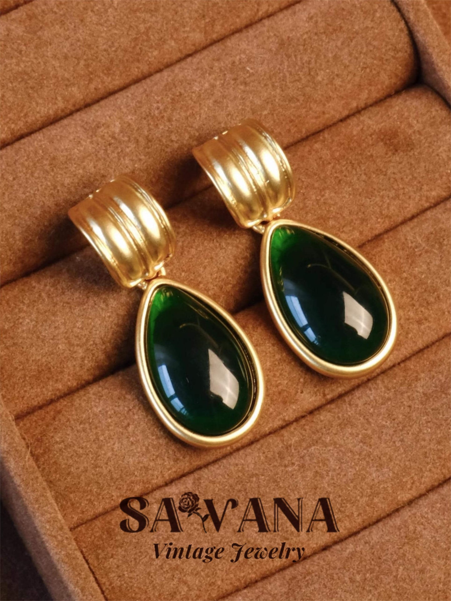 Heidi Horton 24K Gold-Plated Original Homemade Vintage Emerald Drop Earrings SAWANAJewelry