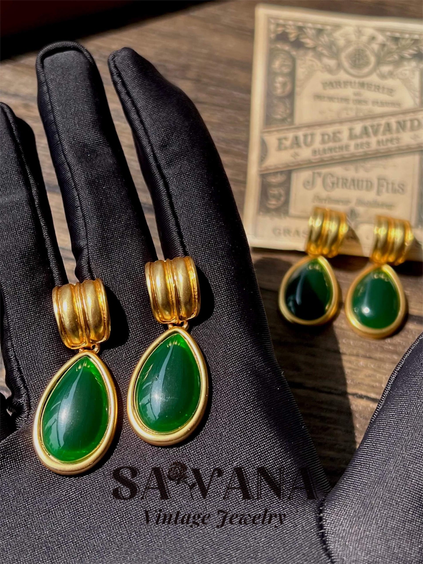 Heidi Horton 24K Gold-Plated Original Homemade Vintage Emerald Drop Earrings SAWANAJewelry