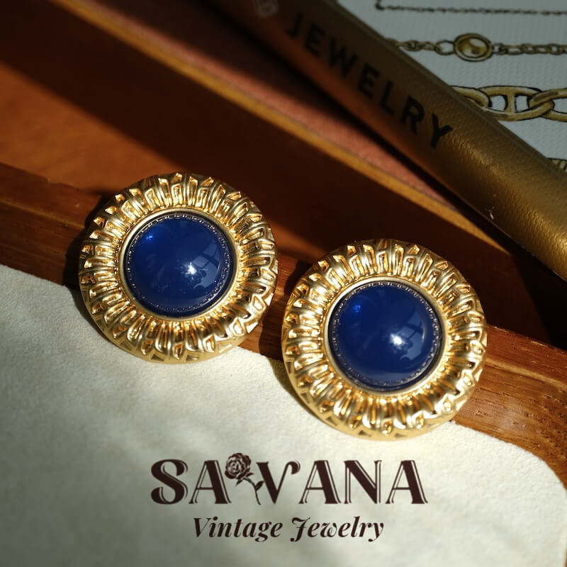 Heidi Horton 24K Gold-Plated Vintage Blue Embossed Round Stud Earrings SAWANAJewelry