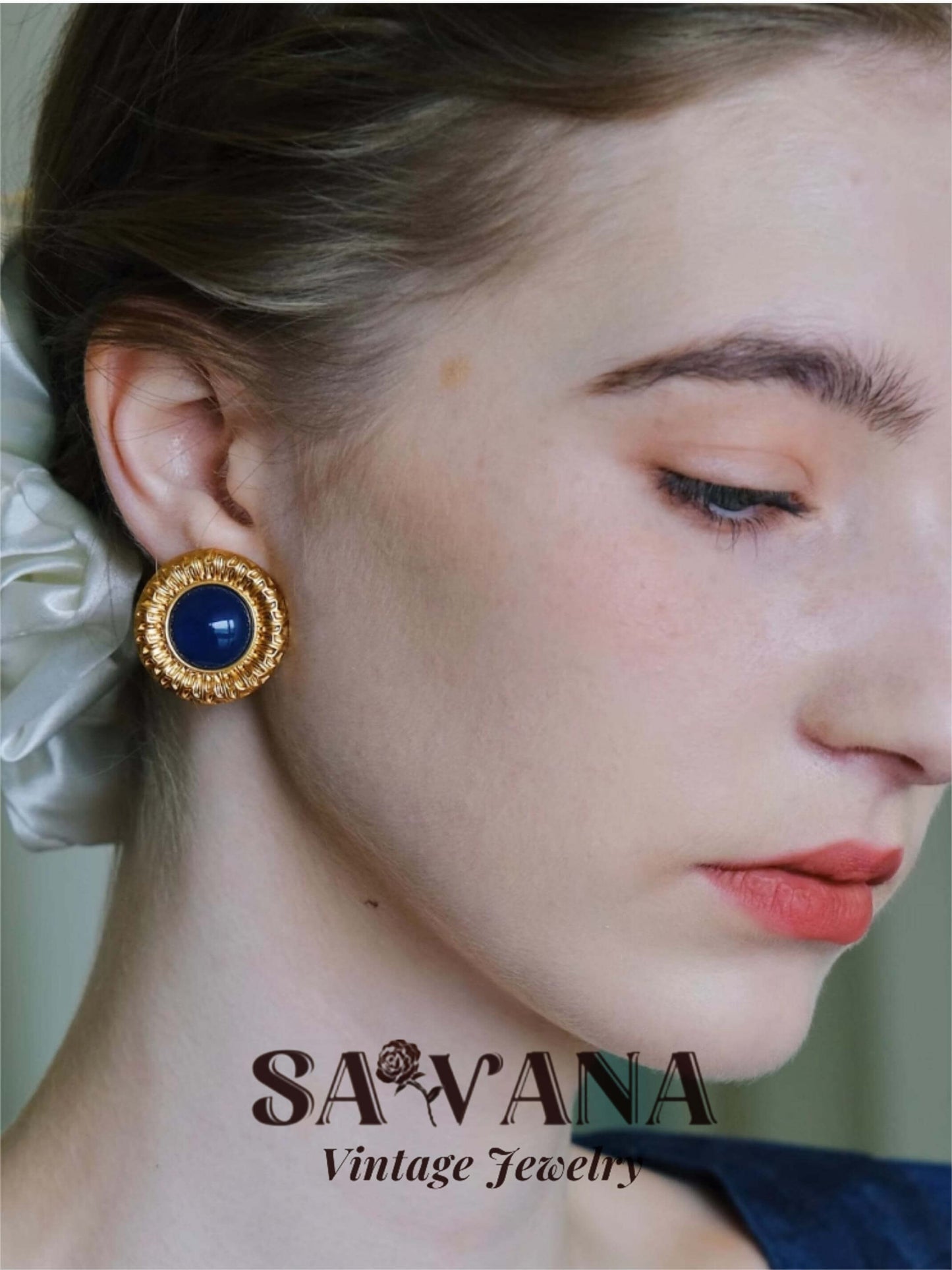 Heidi Horton 24K Gold-Plated Vintage Blue Embossed Round Stud Earrings SAWANAJewelry