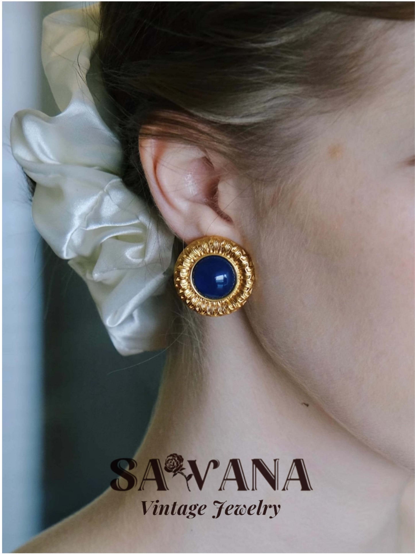 Heidi Horton 24K Gold-Plated Vintage Blue Embossed Round Stud Earrings SAWANAJewelry