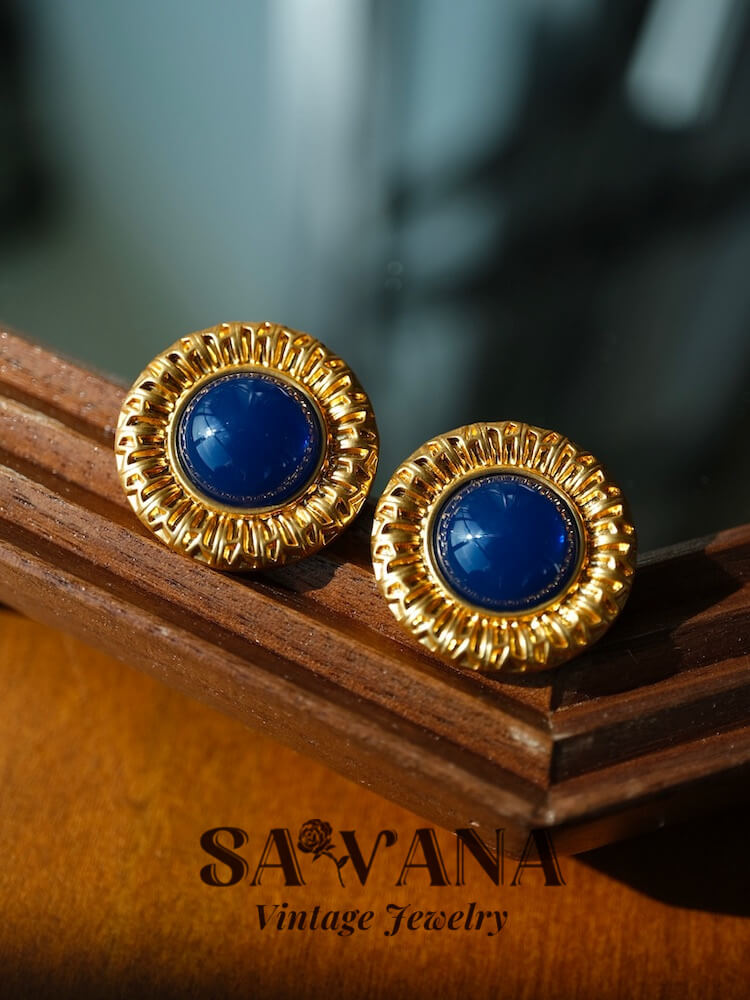 Heidi Horton 24K Gold-Plated Vintage Blue Embossed Round Stud Earrings SAWANAJewelry