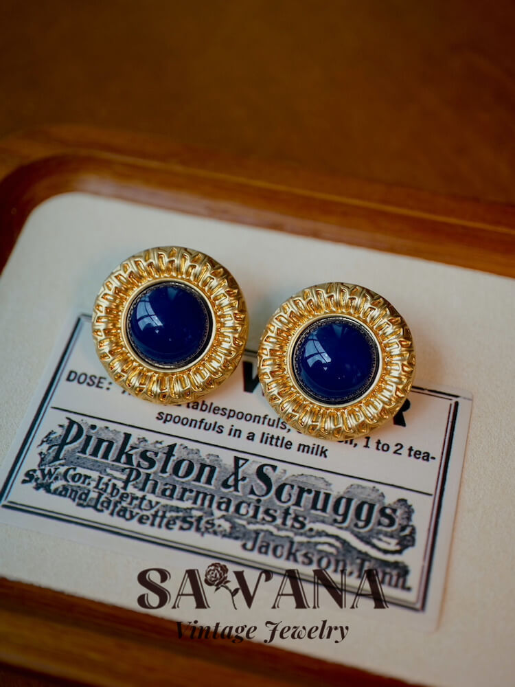 Heidi Horton 24K Gold-Plated Vintage Blue Embossed Round Stud Earrings SAWANAJewelry