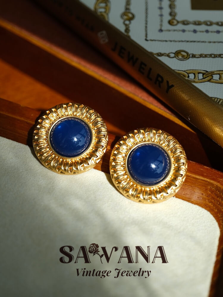 Heidi Horton 24K Gold-Plated Vintage Blue Embossed Round Stud Earrings SAWANAJewelry