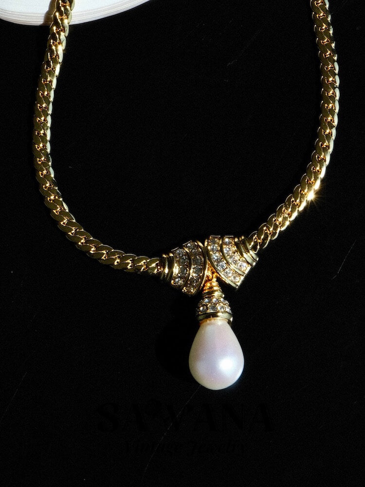 Heidi Horton 24K Gold-Plated Vintage Palace Style Zirconia Pearl Necklace SAWANAJewelry