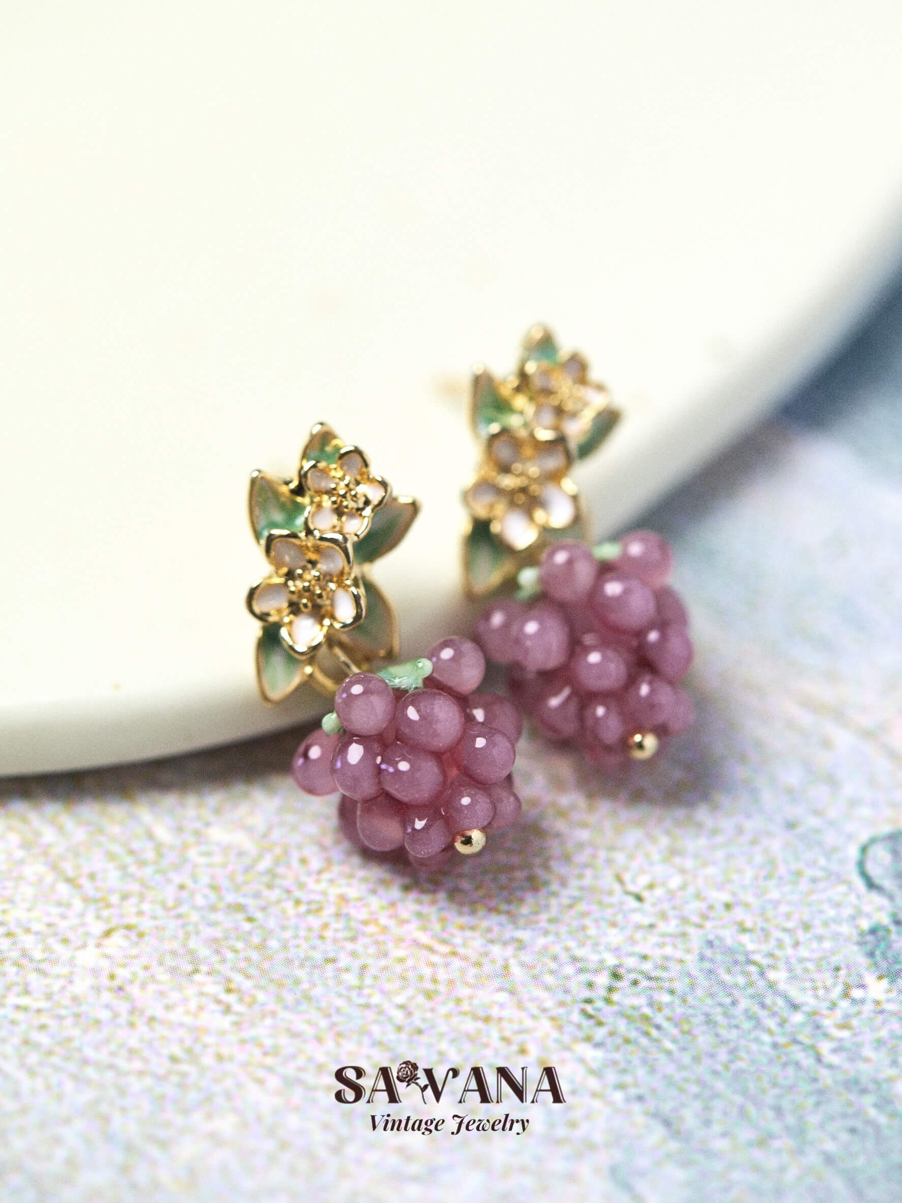 Maiden's Garden 18K Gold Plated Cute Little Purple Grape Earrings SAWANAJewelry