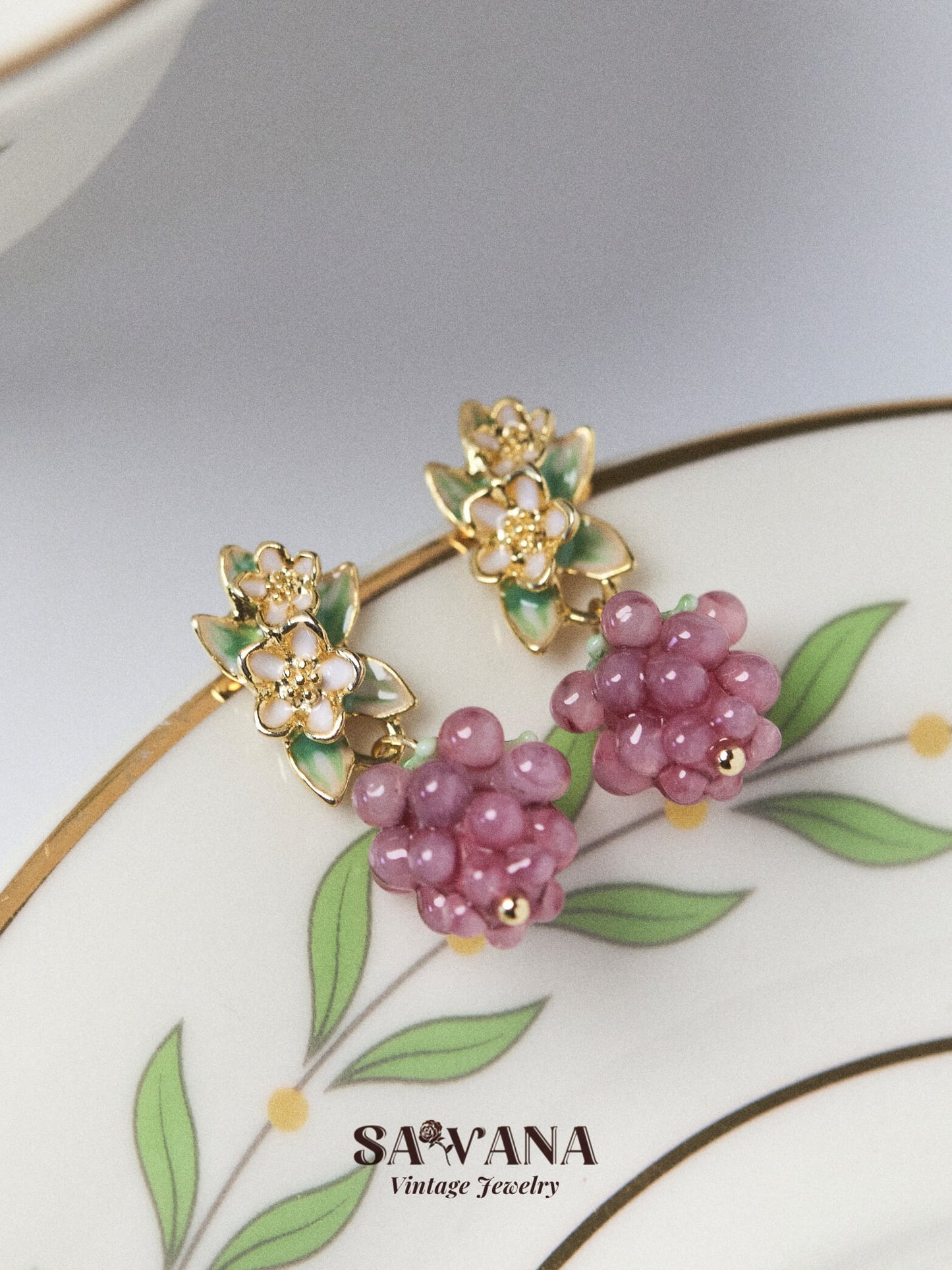 Maiden's Garden 18K Gold Plated Cute Little Purple Grape Earrings SAWANAJewelry