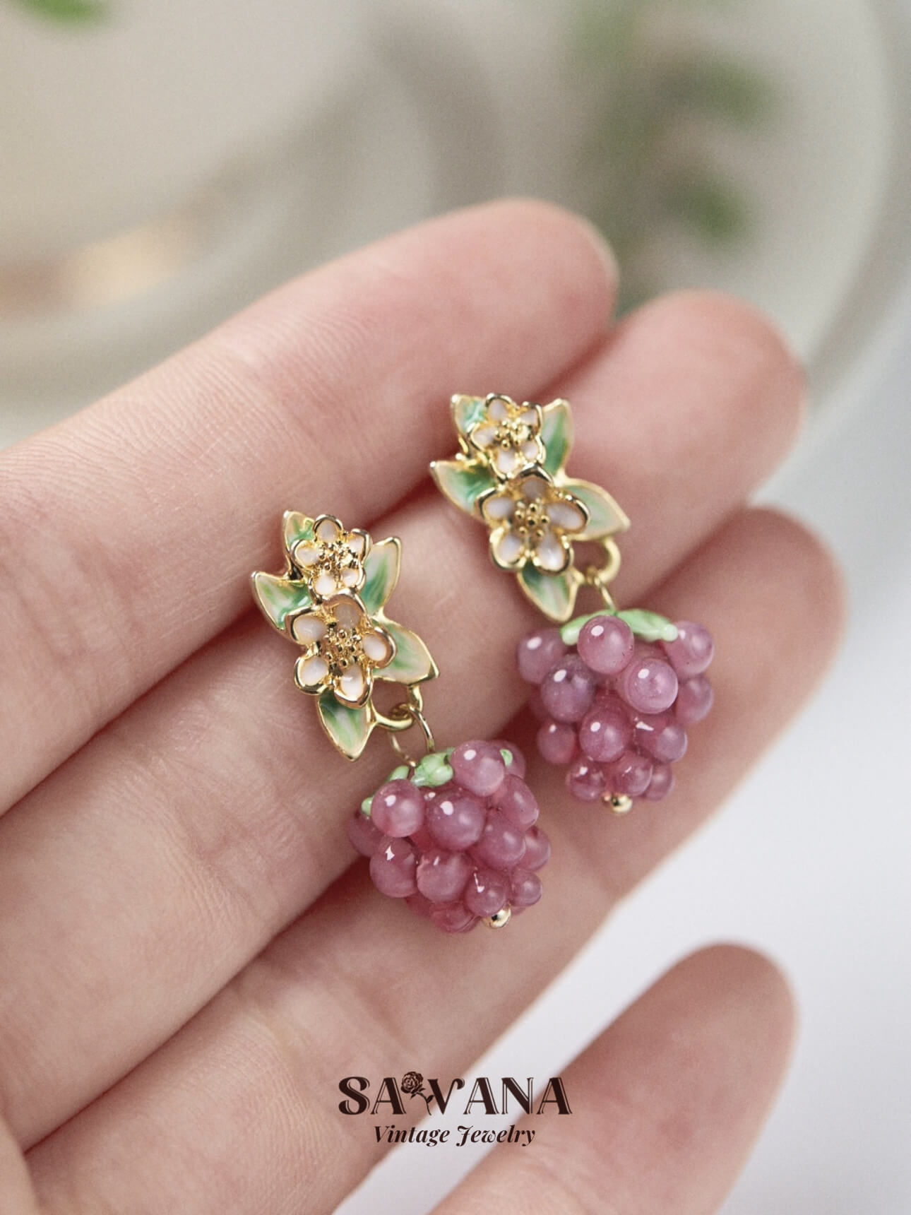 Maiden's Garden 18K Gold Plated Cute Little Purple Grape Earrings SAWANAJewelry