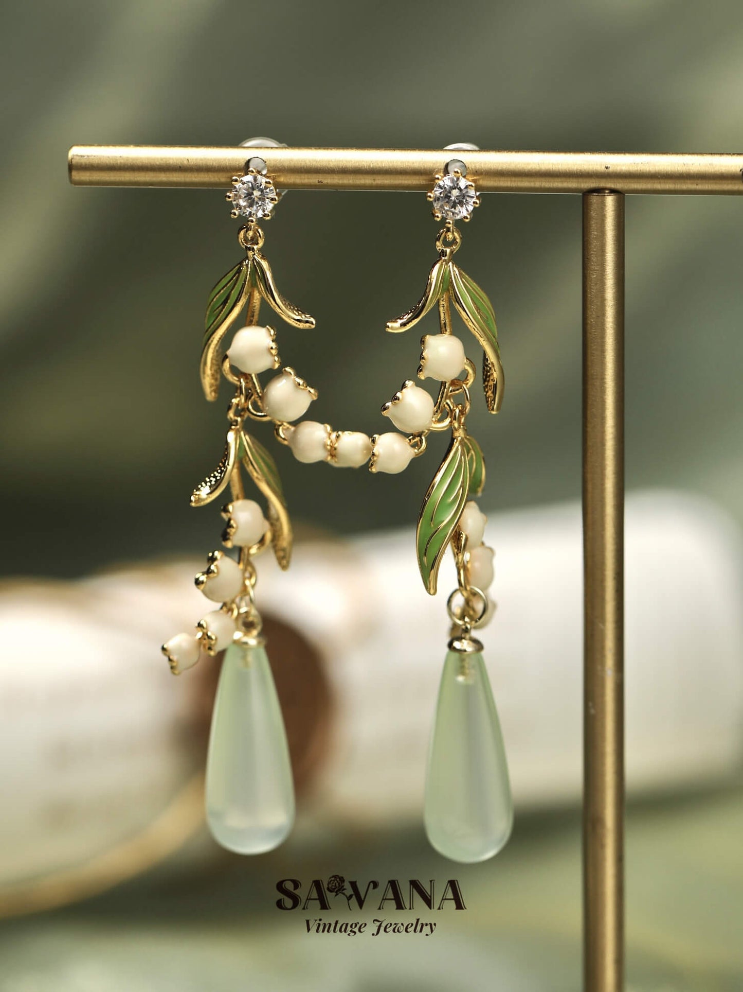 Maiden's Garden 18K Gold Plated Vintage Fairy Suzuran Agate Long Earrings SAWANAJewelry