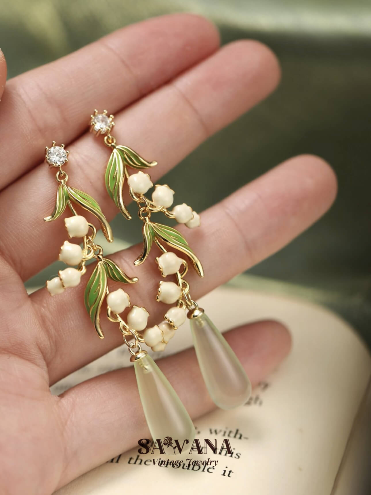 Maiden's Garden 18K Gold Plated Vintage Fairy Suzuran Agate Long Earrings SAWANAJewelry