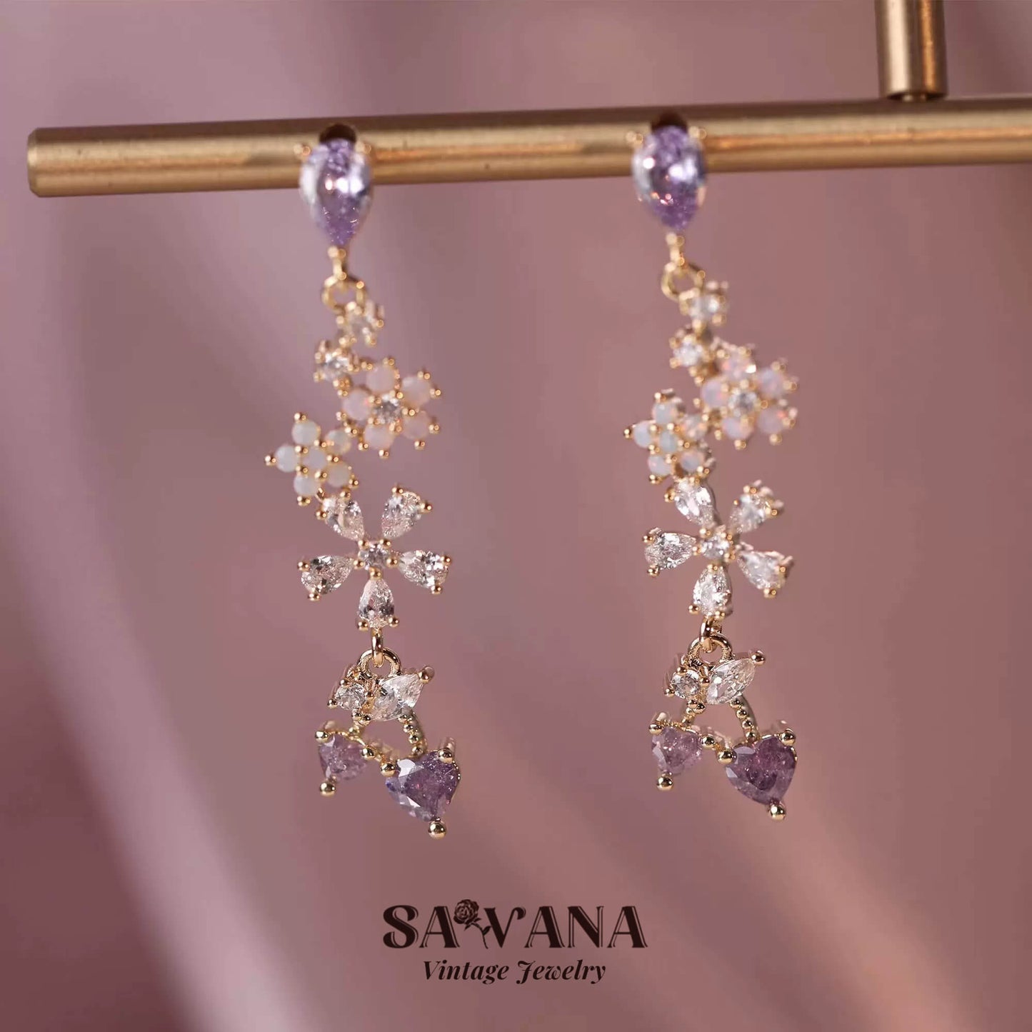 Maiden's Garden 18k Gold Plated Vintage Purple Cherry Zirconia Flower Earrings miracleimy