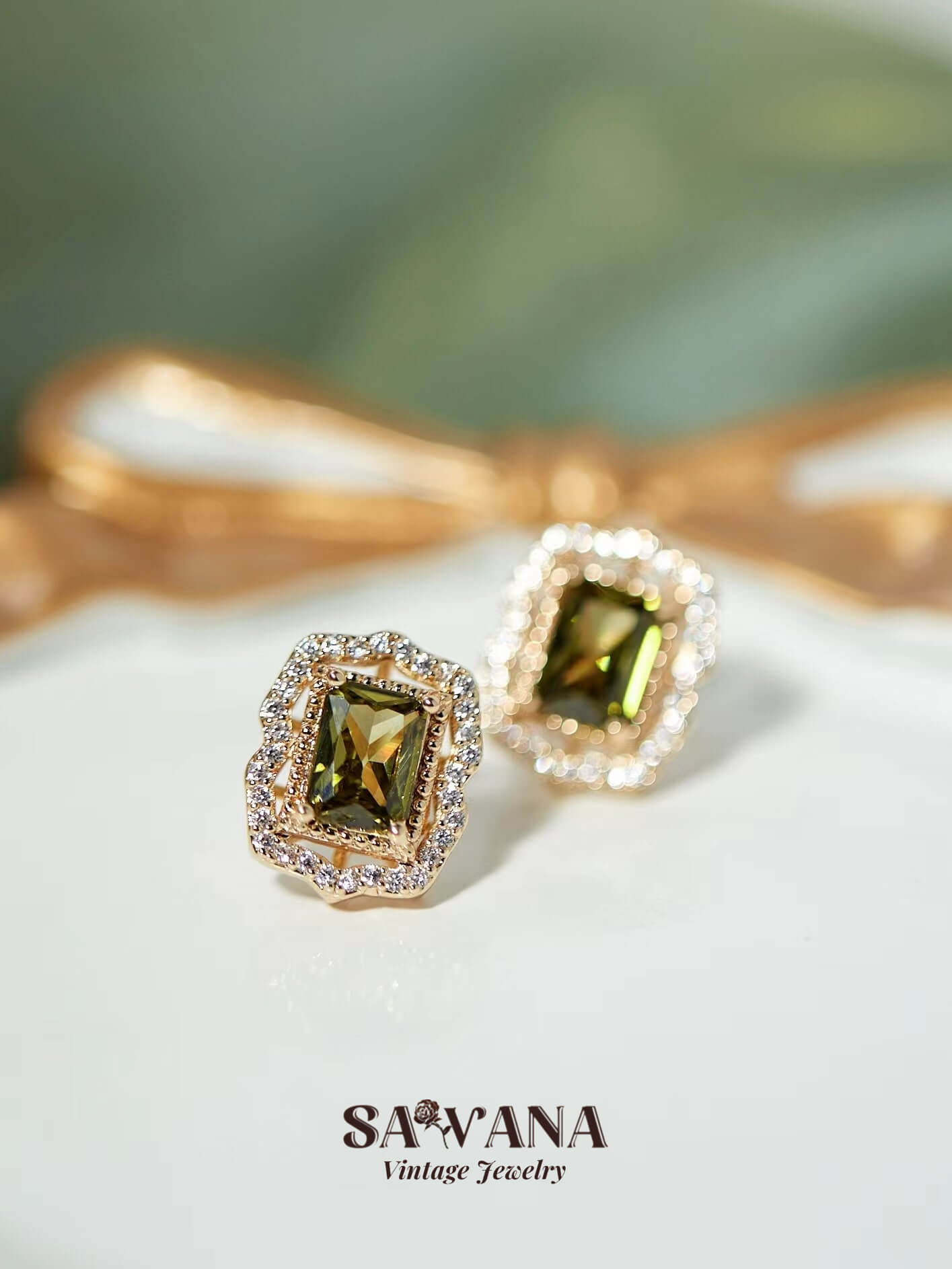 Psychedelic Forest French Vintage Olive Green Zirconia Square Stud Earrings miracleimy