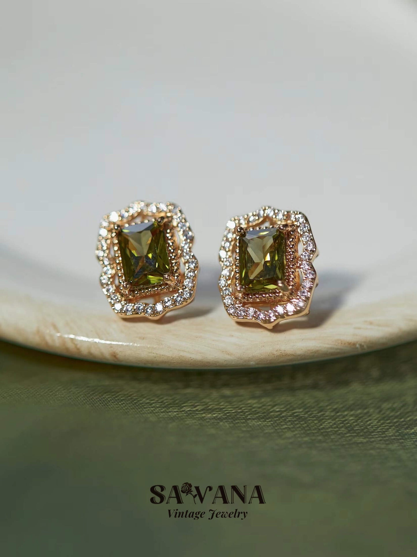 Psychedelic Forest French Vintage Olive Green Zirconia Square Stud Earrings miracleimy