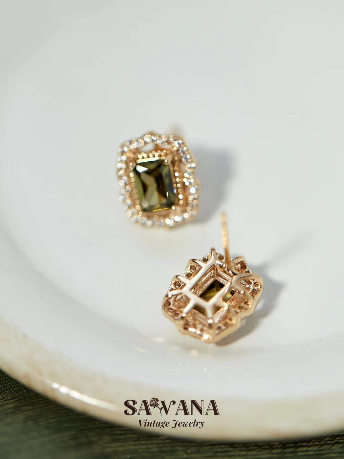 Psychedelic Forest French Vintage Olive Green Zirconia Square Stud Earrings miracleimy